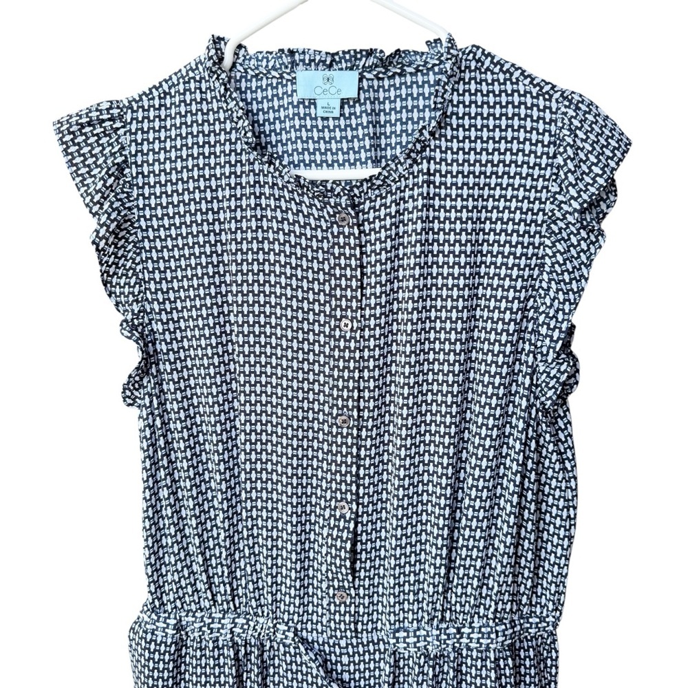 Cece Navy Blue Flutter Sleeve Swiss Dot V Neck Jumpsuit with Wide Leg Size L - Picture 4 of 9